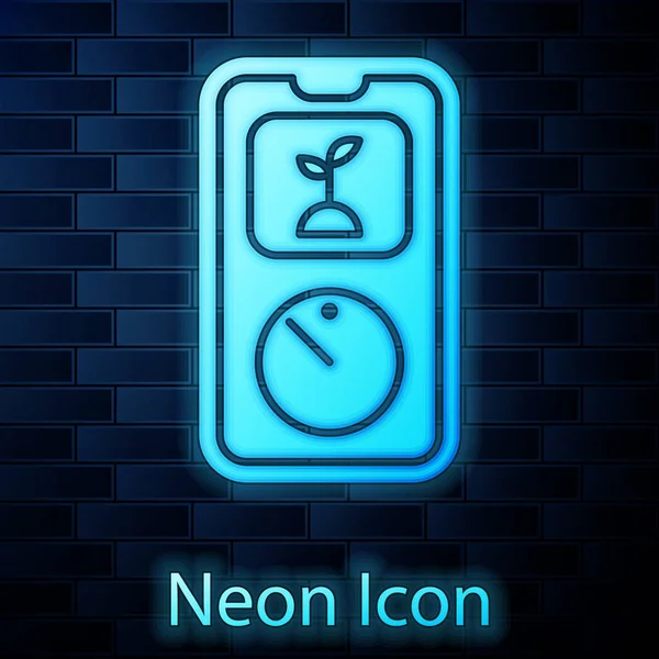 Neon incandescente Tecnologia di agricoltura intelligente - sistema di automazione aziendale timer nell'icona dell'app isolato su sfondo muro di mattoni. Illustrazione vettoriale — Vettoriale Stock