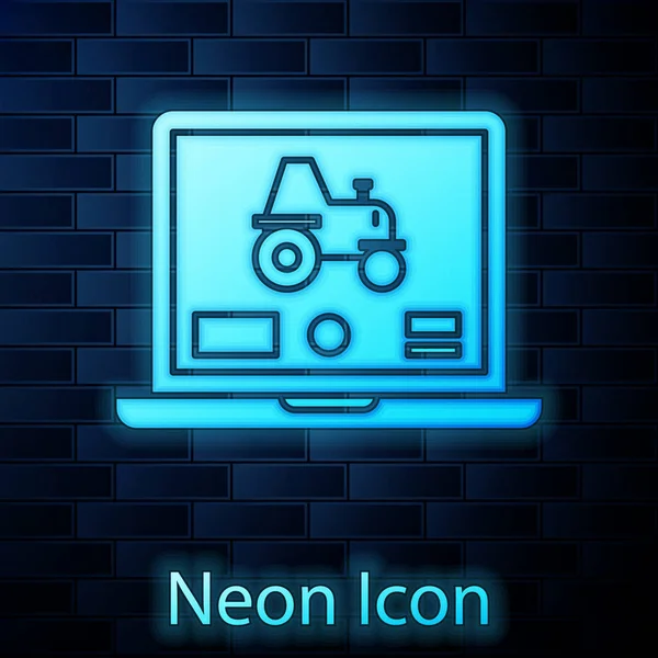 Glowing neon Laptop application for control a autonomous tractor on a smart farm icon isolated on brick wall background. Smart agriculture implement. Vector Illustration — ストックベクタ