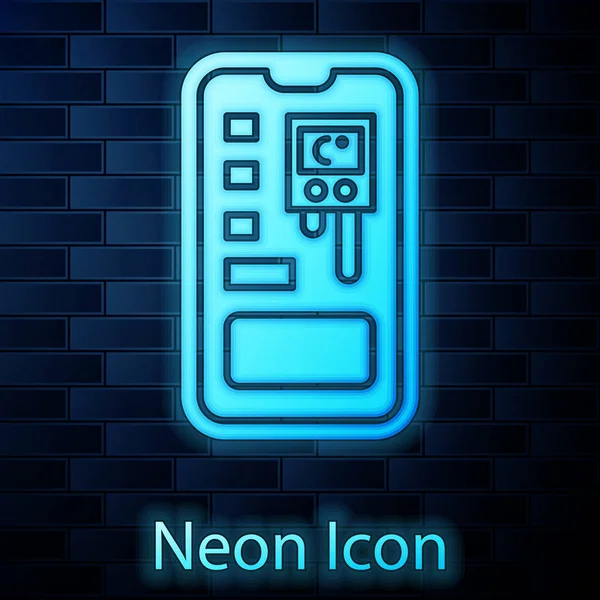 Lumineux néon Smart control farming system mobile application icon isolated on brick wall background. Illustration vectorielle — Image vectorielle