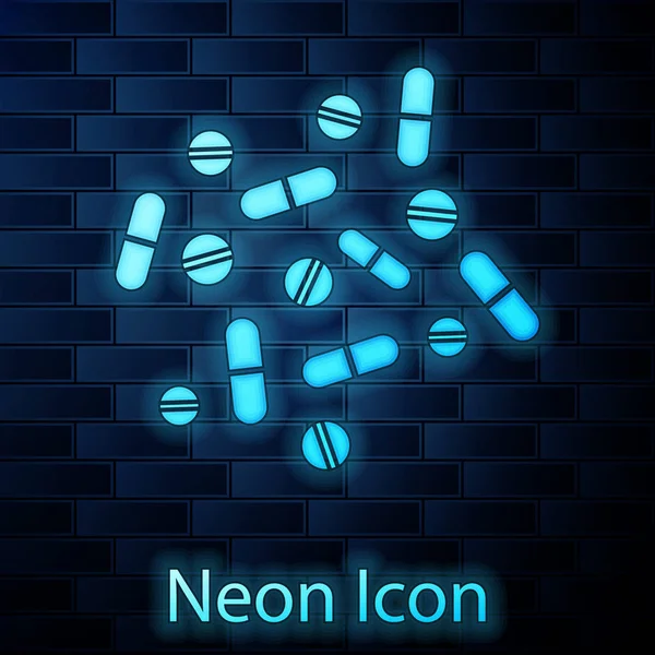 Leuchtende Neon-Medizin-Pille oder Tablet-Symbol isoliert auf Backsteinwand Hintergrund. Kapselpille und Medikamentenzeichen. Apothekendesign. Vektorillustration — Stockvektor