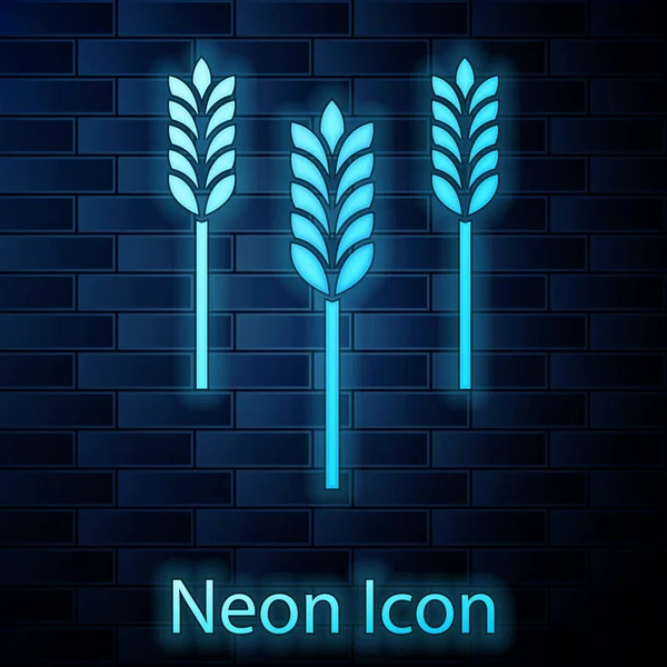 Świecące Neon płatki zbożowe z ryżu, pszenicy, kukurydzy, owsa, żyta, ikona jęczmienia izolowane na tle muru ceglanego. Uszy symboli chleba pszennego. Ilustracja wektorowa — Wektor stockowy