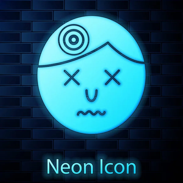 Leuchtende Neon-Mann mit Kopfschmerzen, Migräne-Symbol isoliert auf Backsteinmauer Hintergrund. Vektorillustration — Stockvektor