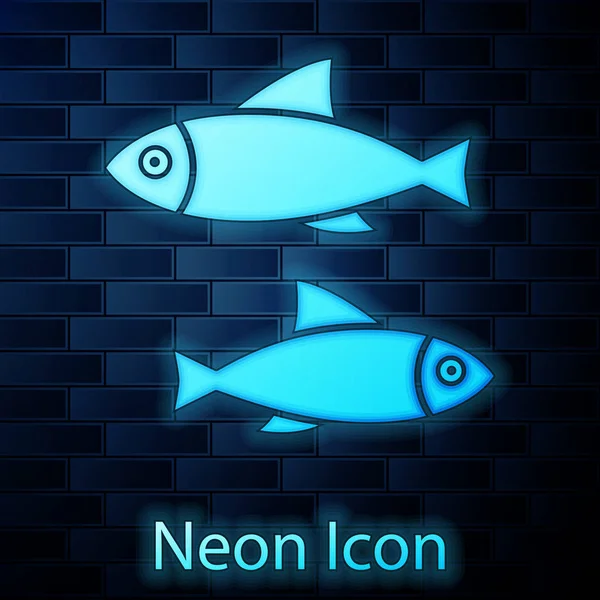 Icono de pescado de neón brillante aislado en el fondo de la pared de ladrillo. Ilustración vectorial — Vector de stock