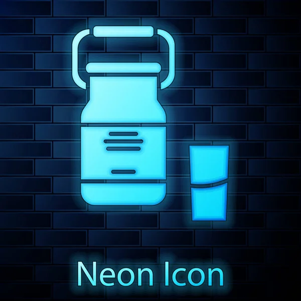 Leuchtende Neon-Dosenbehälter für Milch und Glas Symbol isoliert auf Backsteinwand Hintergrund. Vektorillustration — Stockvektor