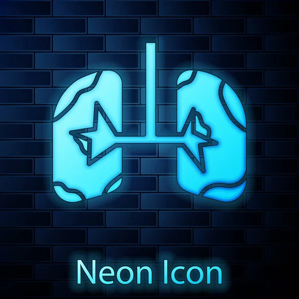 Brillante icono de los pulmones de neón aislado en el fondo de la pared de ladrillo. Ilustración vectorial — Vector de stock