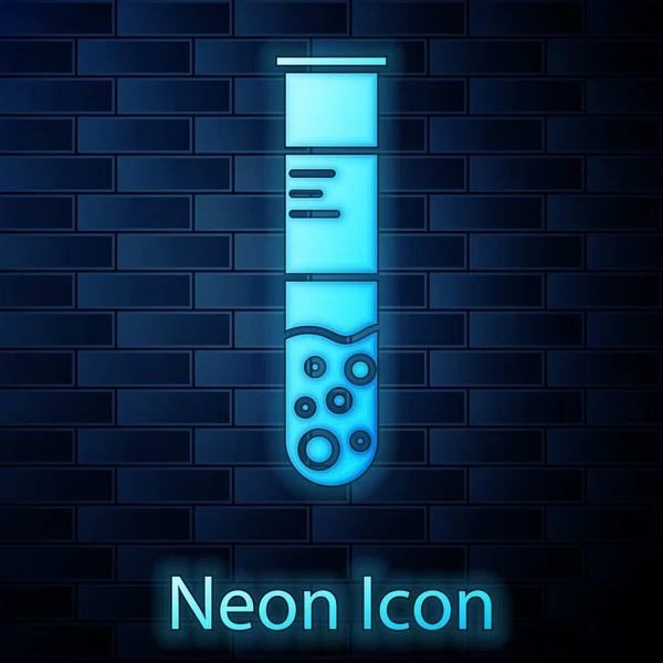 Glowing neon Test tube and flask chemical laboratory test icon isolated on brick wall background. Laboratory glassware sign. Vector Illustration — ストックベクタ