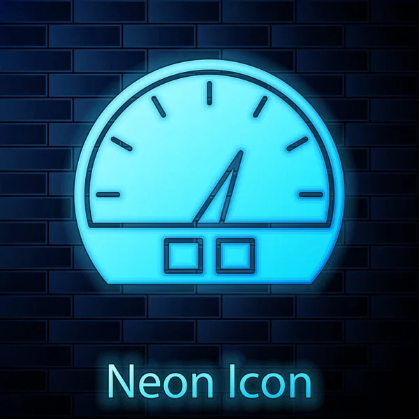 Icono del velocímetro de neón brillante aislado en el fondo de la pared de ladrillo. Ilustración vectorial — Vector de stock