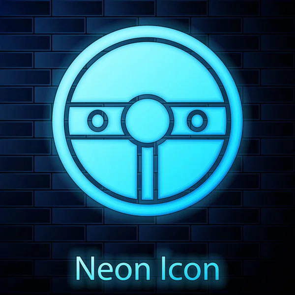 Ragyogó neon kormánykerék ikon elszigetelt téglafal háttér. Autó kerék ikon. Vektorillusztráció — Stock Vector