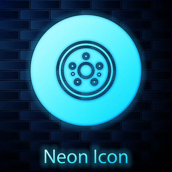 Glowing neon Car brake disk icon isolated on brick wall background. Vector Illustration — ストックベクタ