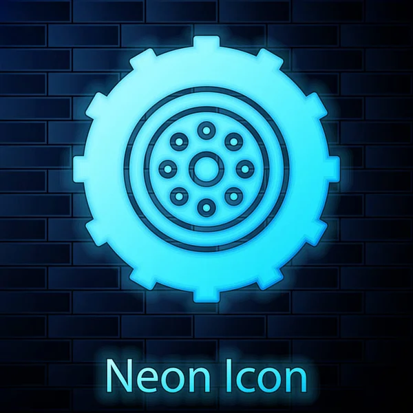 Ragyogó neon autó kerék ikon elszigetelt téglafal háttér. Vektorillusztráció — Stock Vector