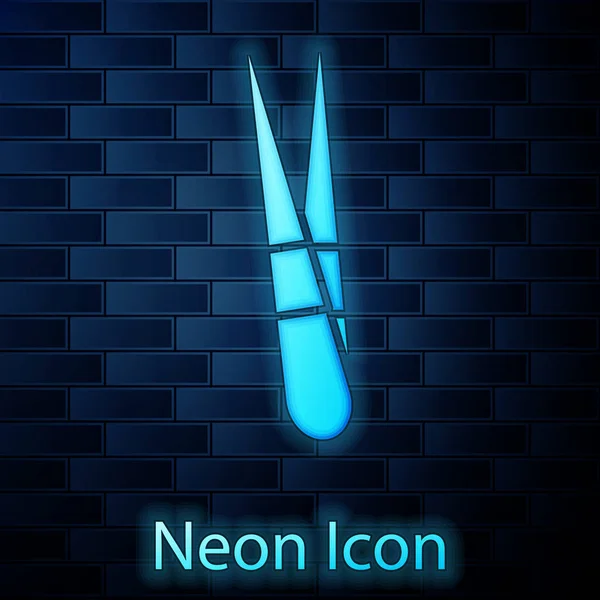 Glowing neon Eyebrow tweezers icon isolated on brick wall background. Cosmetic tweezers for ingrown hair. Vector Illustration — 스톡 벡터