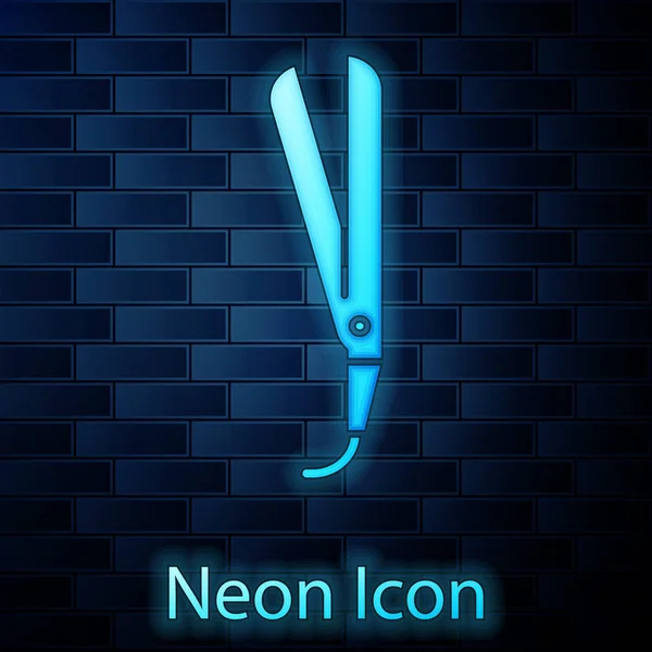 Brilhante neon Curling ferro para ícone de cabelo isolado no fundo da parede de tijolo. Ícone de alisador de cabelo. Ilustração vetorial — Vetor de Stock