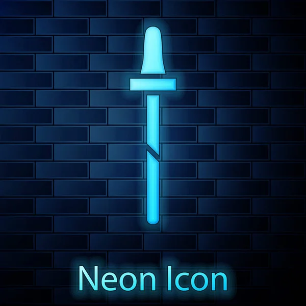 Leuchtende Neon-Pipette-Symbol isoliert auf Backsteinwand Hintergrund. Element medizinischer, kosmetischer und chemischer Laborausrüstung. Vektorillustration — Stockvektor
