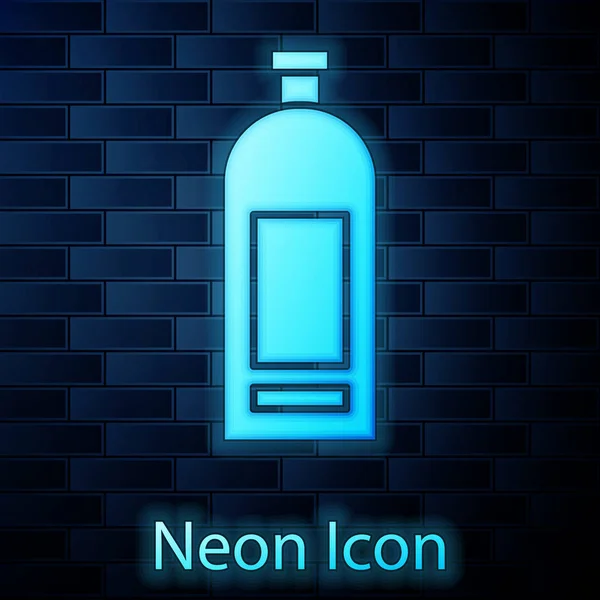 Bottiglia luminosa al neon di icona shampoo isolata su sfondo muro di mattoni. Illustrazione vettoriale — Vettoriale Stock