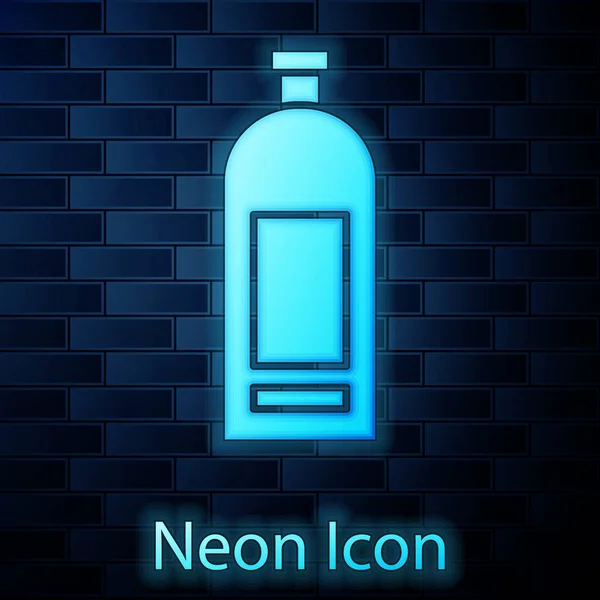 Gloeiende neon fles shampoo pictogram geïsoleerd op baksteen muur achtergrond. Vector Illustratie — Stockvector