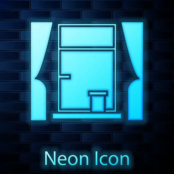 Glowing neon Window with curtains in the room icon isolated on brick wall background. Vector Illustration — 스톡 벡터