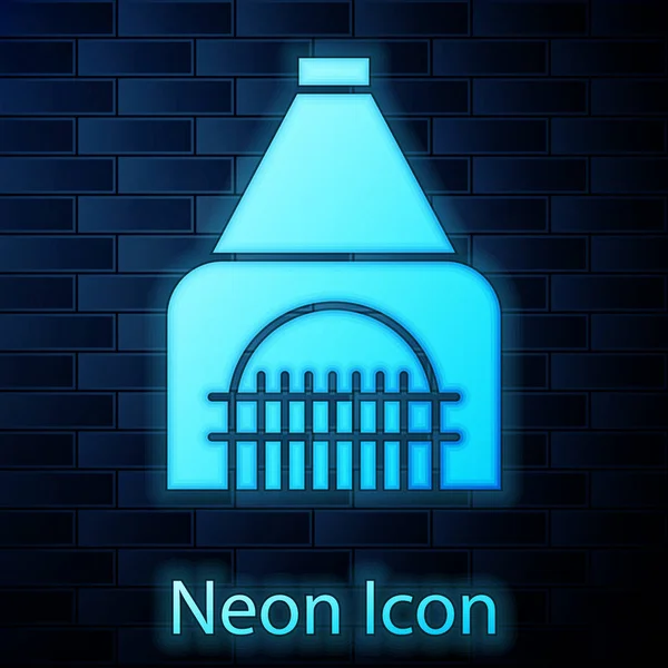 Glowing neon Interior fireplace icon isolated on brick wall background. Vector Illustration — 스톡 벡터
