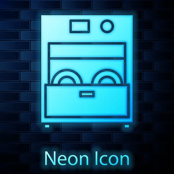 Brilhante neon Cozinha máquina de lavar louça ícone isolado no fundo da parede de tijolo. Ilustração vetorial —  Vetores de Stock