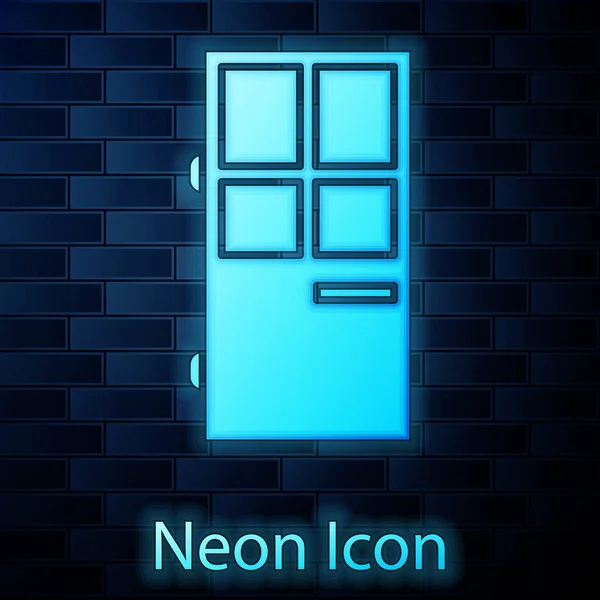 Glödande neon Stängd dörr ikon isolerad på tegel vägg bakgrund. Vektor Illustration — Stock vektor