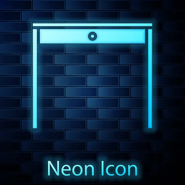 Leuchtende Neon-Holztisch-Symbol isoliert auf Backsteinwand Hintergrund. Vektorillustration — Stockvektor