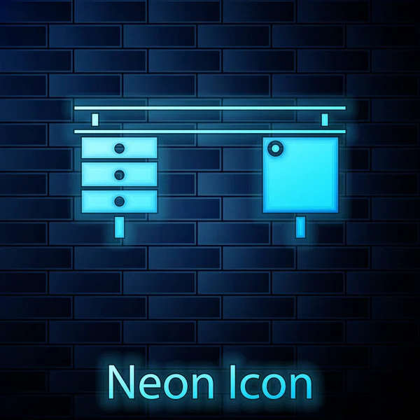 Leuchtende Neon-Bürotisch-Symbol isoliert auf Backstein-Wand-Hintergrund. Vektorillustration — Stockvektor