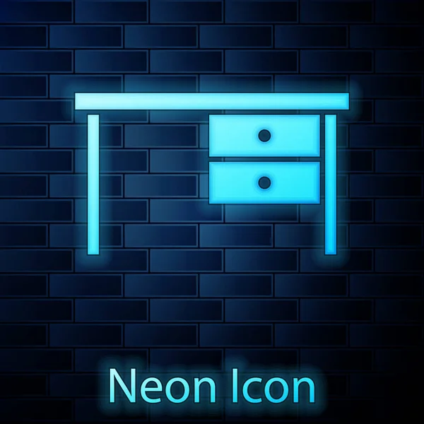 Glowing neon Office desk icon isolated on brick wall background. Vector Illustration — Stock Vector