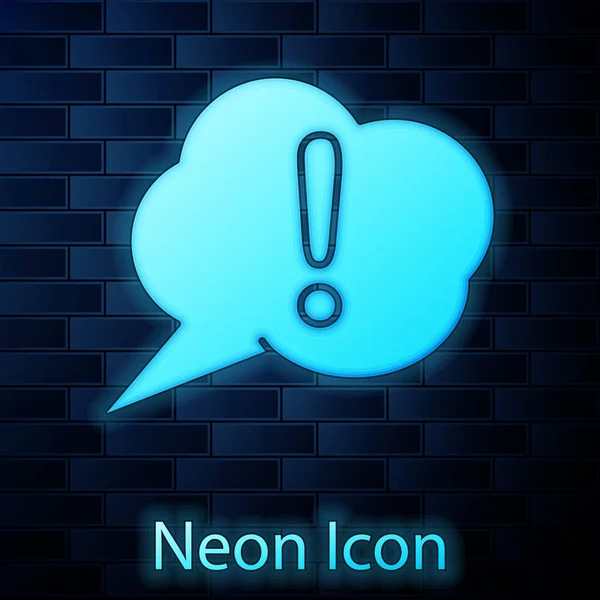 Glowing neon Speech bubble and Exclamation icon isolated on brick wall background. FAQ sign. Copy files, chat speech bubble and chart. Vector Illustration — 스톡 벡터