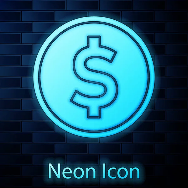 Leuchtendes Neon-Münzgeld mit Dollarsymbolsymbol isoliert auf Ziegelwand-Hintergrund. Zeichen der Bankenwährung. Cash-Symbol. Vektorillustration — Stockvektor