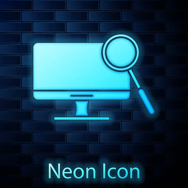 Icono de diagnóstico de monitor de computadora de neón brillante aislado en el fondo de la pared de ladrillo. Ajuste de la aplicación, servicio, opciones de configuración, mantenimiento, reparación. Ilustración vectorial — Vector de stock