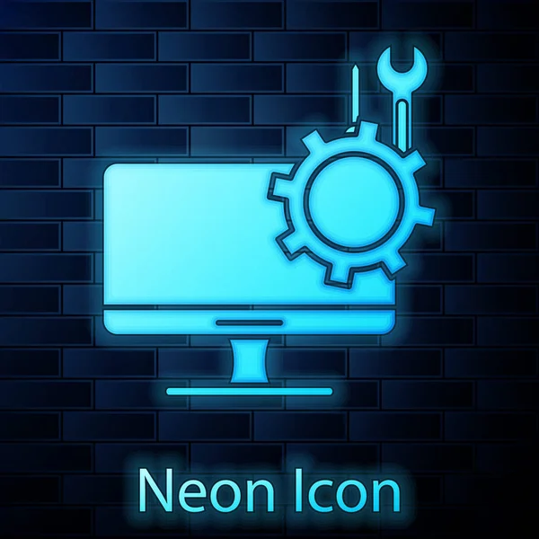 Glowing neon Computer monitor with screwdriver and wrench icon isolated on brick wall background. Adjusting, service, setting, maintenance, repair. Vector Illustration — 스톡 벡터