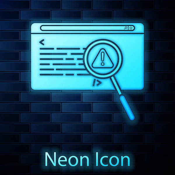 Glowing neon System bug concept icon isolated on brick wall background. Code bug concept. Bug in the system. Bug searching. Vector Illustration — Stock vektor