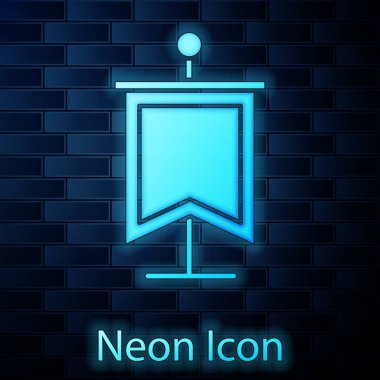 Glowing neon Medieval flag icon isolated on brick wall background. Country, state, or territory ruled by a king or queen. Vector Illustration
