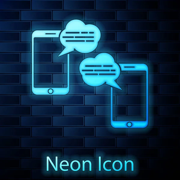 Glowing neon New chat messages notification on phone icon isolated on brick wall background. Smartphone chatting sms messages speech bubbles. Vector Illustration — 스톡 벡터