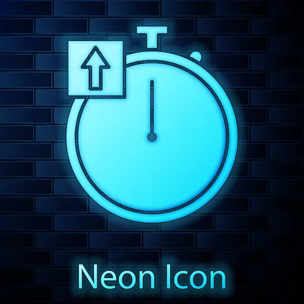 Ragyogó neon Stopwatch ikon elszigetelt téglafal háttér. Időzítő jel. Kronométer jel. Vektorillusztráció — Stock Vector