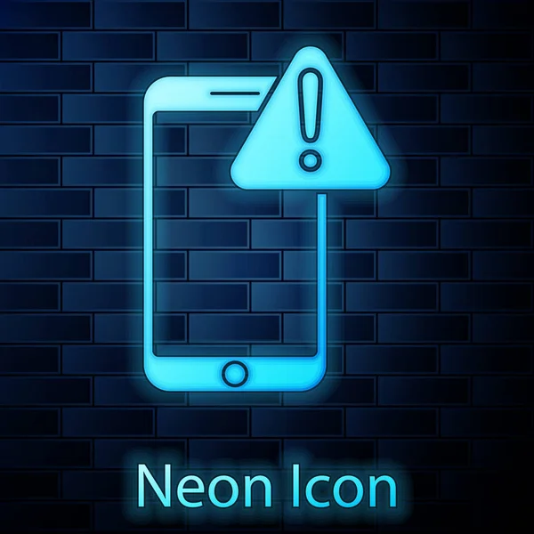 Celular neon brilhante com ícone de ponto de exclamação isolado no fundo da parede de tijolo. Notificação de smartphone de mensagem de alerta. Ilustração vetorial —  Vetores de Stock