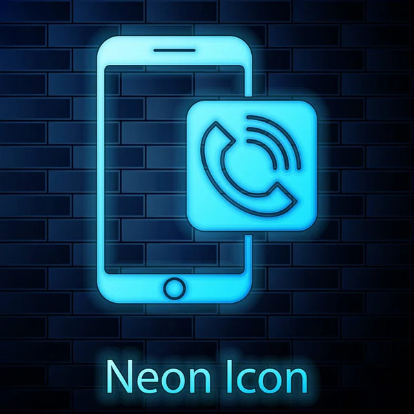 Glowing neon Mobile phone call icon isolated on brick wall background. Vector Illustration — 스톡 벡터