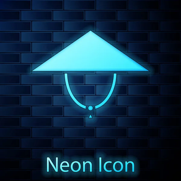 Glowing neon Asian conical hat icon isolated on brick wall background. Chinese conical straw hat. Vector Illustration — 스톡 벡터