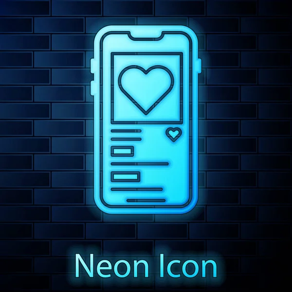 Glowing neon Mobile phone with heart icon isolated on brick wall background. Valentines day. Vector Illustration — 스톡 벡터