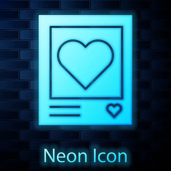 Zářící neon Blanks fotorámečky a srdce ikona izolované na cihlové zdi pozadí. Symbol Valentýna. Vektorová ilustrace — Stockový vektor