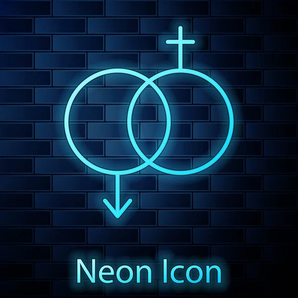 Glowing neon Gender icon isolated on brick wall background. Symbols of men and women. Sex symbol. Valentines day concept. Vector Illustration — 스톡 벡터