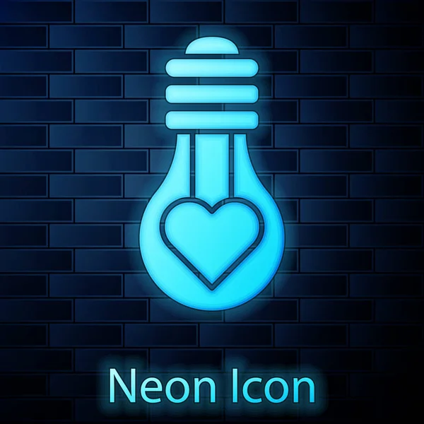 Glowing neon Heart shape in a light bulb icon isolated on brick wall background. Love symbol. Valentine day symbol. Vector Illustration — 스톡 벡터