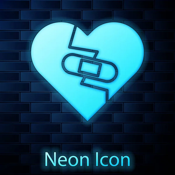 Parlayan neon iyileştirici kırık kalp ya da duvardaki izole edilmiş boşanma ikonu. Parçalanmış ve kalbi yamalanmış. Aşk sembolü. Sevgililer Günü. Vektör İllüstrasyonu — Stok Vektör