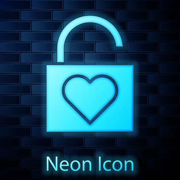 Bloqueo de neón brillante y el icono del corazón aislado en el fondo de la pared de ladrillo. Corazón bloqueado. Signo de amor y cerradura. Símbolo de San Valentín. Ilustración vectorial — Vector de stock