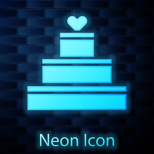 Glödande neon Bröllopstårta med hjärta ikon isolerad på tegelvägg bakgrund. Alla hjärtans dag symbol. Vektor Illustration — Stock vektor