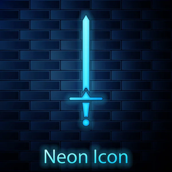 Glowing neon Medieval sword icon isolated on brick wall background. Medieval weapon. Vector Illustration — 스톡 벡터