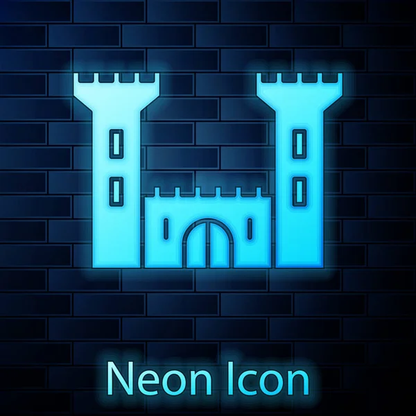 Świecąca neonowa ikona Zamku odizolowana na ceglanym tle ściany. Znak twierdzy. Ilustracja wektora — Wektor stockowy
