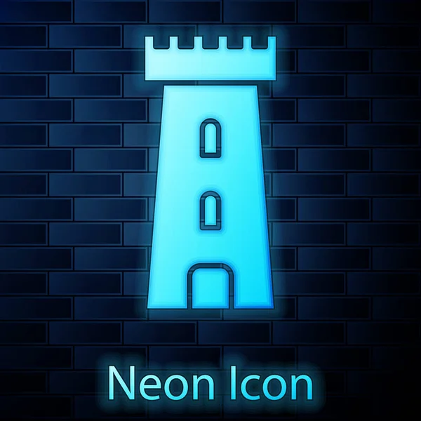 Świecąca neonowa ikona wieży zamkowej odizolowana na ceglanym tle ściany. Znak twierdzy. Ilustracja wektora — Wektor stockowy