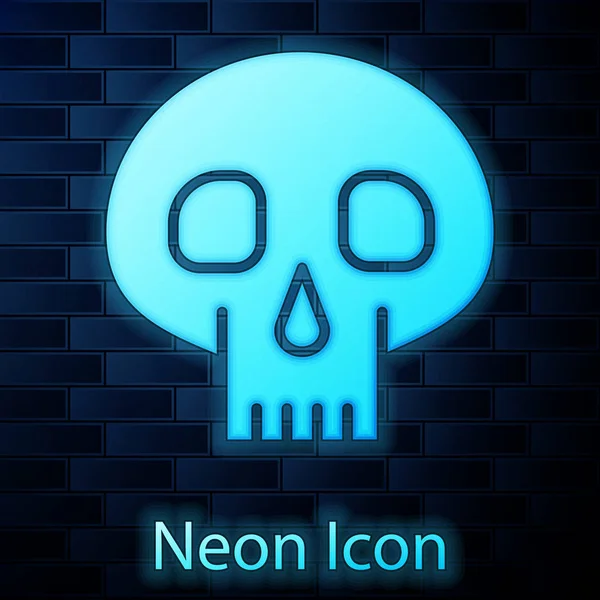 Zářící neon Lebka ikona izolované na cihlové zdi pozadí. Vektorová ilustrace — Stockový vektor