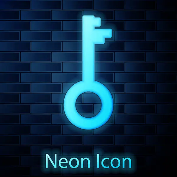 Glowing neon Old key icon isolated on brick wall background. Vector Illustration