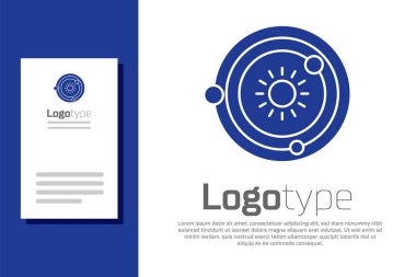 Mavi Güneş Sistemi simgesi beyaz arkaplanda izole edildi. Gezegenler yıldızın etrafında dönerler. Logo tasarım şablonu elemanı. Vektör İllüstrasyonu